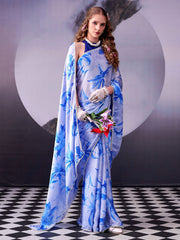 Blue Digital Print Satin Silk Saree