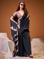 Black Digital Print Satin Silk Saree