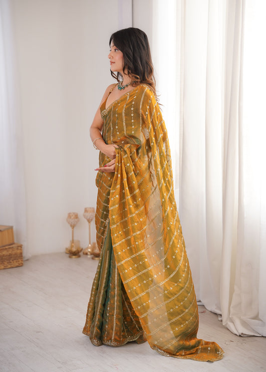 Gold Fendi Satin Sequence Embroidery Saree