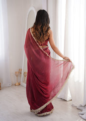 Maroon Fendi Satin Lace Work Saree