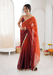 Maroon Shaded Satin Lace Work Saree