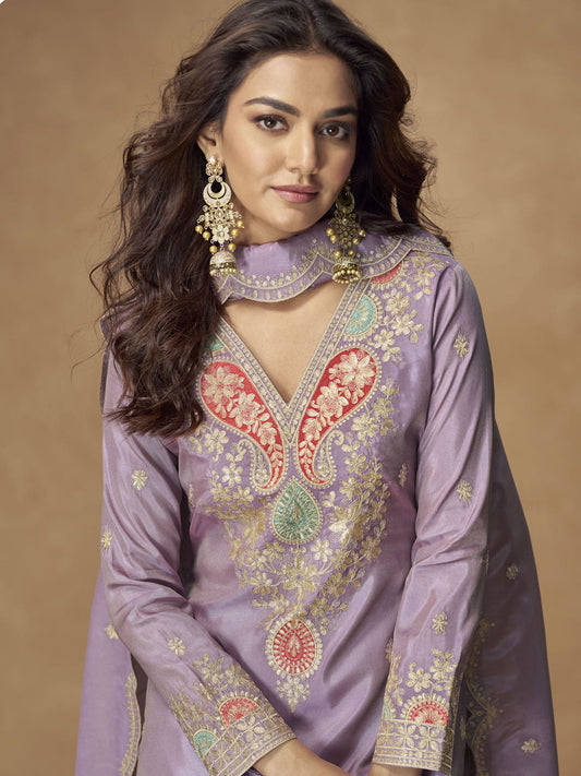 Lavender Shimmer Readymade Salwar Suit with Embroidered and Zari Work
