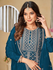 Teal Blue Reshamkari Embroidery Festive Palazzo Suit