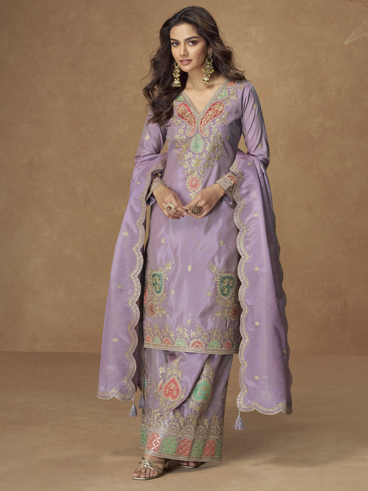 Lavender Shimmer Readymade Salwar Suit with Embroidered and Zari Work