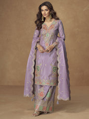 Lavender Shimmer Readymade Salwar Suit with Embroidered and Zari Work