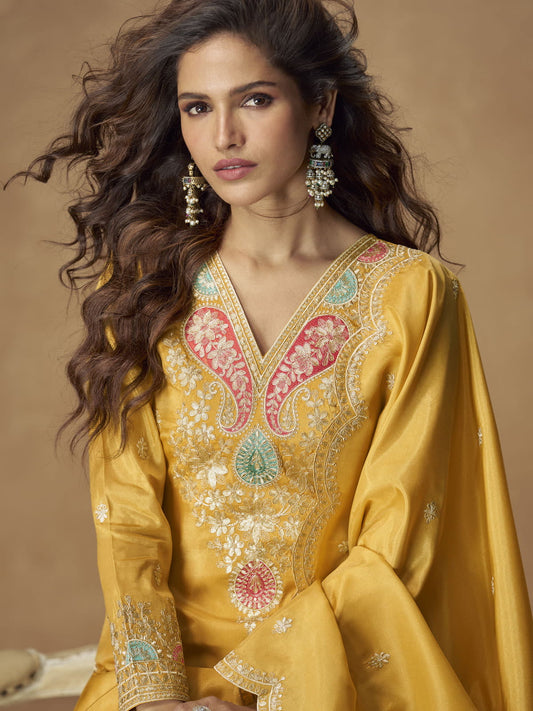 Shimmer Palazzo Salwar Suit In Yellow Colour