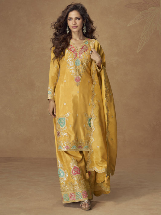 Shimmer Palazzo Salwar Suit In Yellow Colour