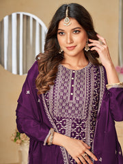 Purple Reshamkari Embroidery Festive Palazzo Suit