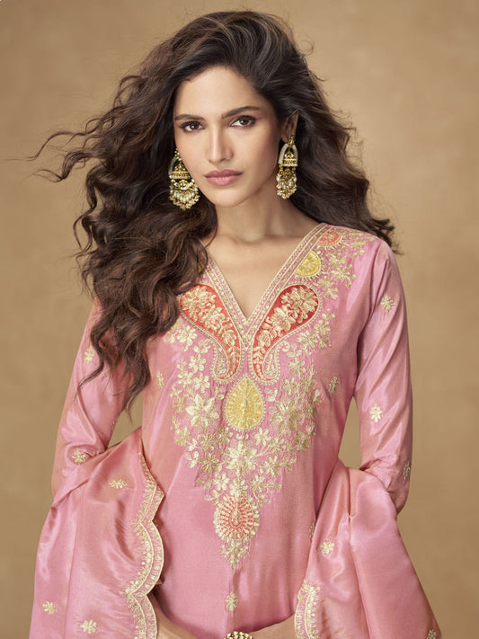 Shimmer Silk Pink Festive Palazzo Style Suit