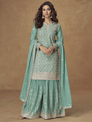 Turquoise Zari Embroidered Wedding Wear Palazzo Suit
