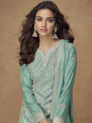 Turquoise Zari Embroidered Wedding Wear Palazzo Suit