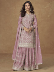 Pink Zari Embroidered Wedding Wear Palazzo Suit