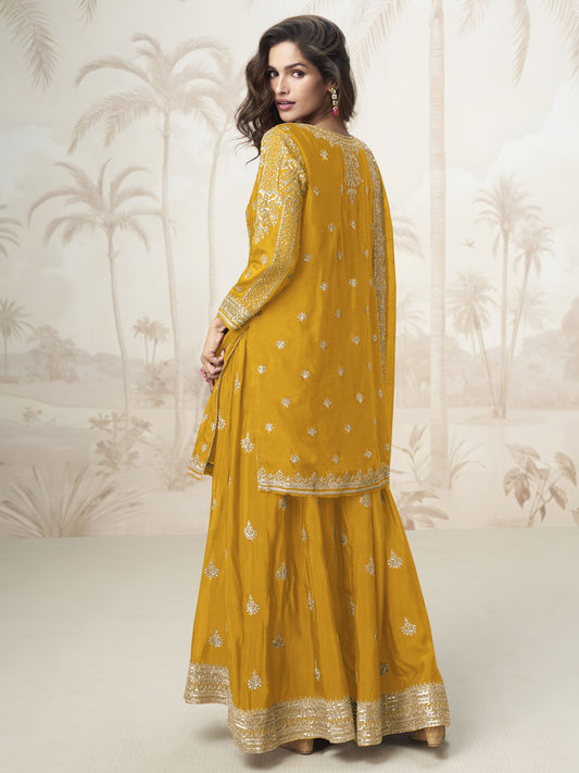 Golden Yellow Silk Sharara Style Suit