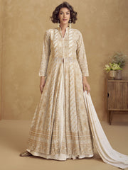 Beige Embroidered Georgette Long Sleeve Anarkali Suit with Dupatta