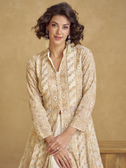Beige Embroidered Georgette Long Sleeve Anarkali Suit with Dupatta