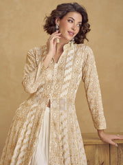 Beige Embroidered Georgette Long Sleeve Anarkali Suit with Dupatta
