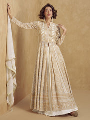 Beige Embroidered Georgette Long Sleeve Anarkali Suit with Dupatta
