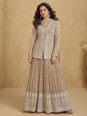 Beige Embroidered Georgette Long Sleeve Lehenga Style Suit with Dupatta