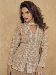 Beige Embroidered Georgette Long Sleeve Lehenga Style Suit with Dupatta