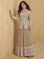Beige Embroidered Georgette Long Sleeve Lehenga Style Suit with Dupatta
