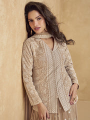 Beige Embroidered Georgette Long Sleeve Lehenga Style Suit with Dupatta
