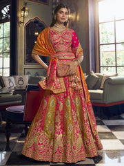 Pink And Green Embroidered Silk Lehenga Choli