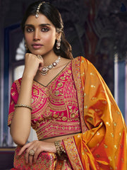 Pink And Green Embroidered Silk Lehenga Choli