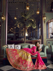 Pink And Yellow Ombr‚ Embroidered Silk Lehenga Choli