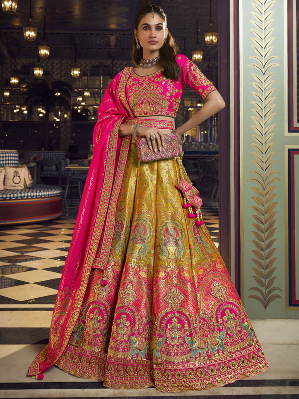 Pink And Yellow Ombr‚ Embroidered Silk Lehenga Choli