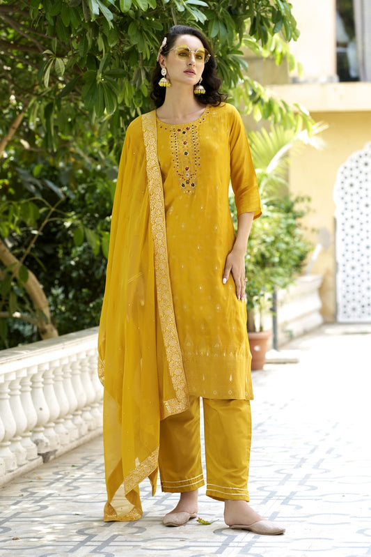Ethnic Motifs Woven Design Zari Straight Kurta With Trousers & Dupatta