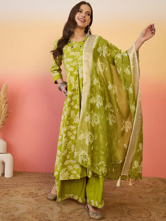 Green Silk Embroidered and Print Work Salwar Suit for Ceremonial