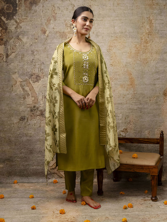 Women Green Kurta and Pant Sets Simar Silk fabric