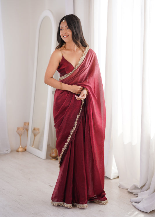 Maroon Fendi Satin Lace Work Saree