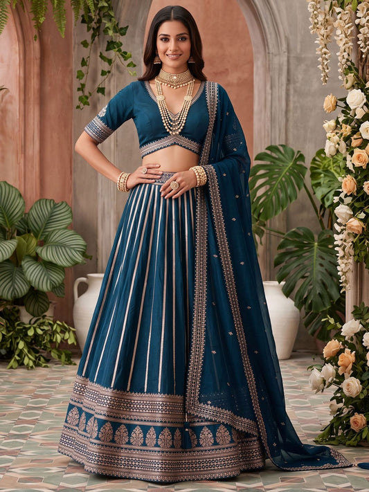 Dark Firozi Premium Silk Thered Work Lehenga Choli