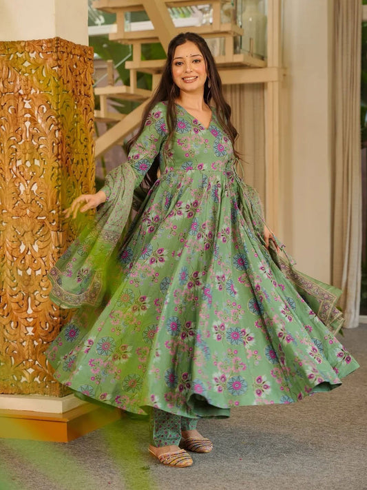 Light Green Digital Print Cottan Anaraki Style Suit