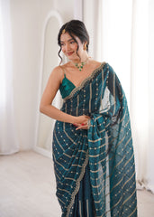 Teal Green Fendi Satin Sequence Embroidery Saree