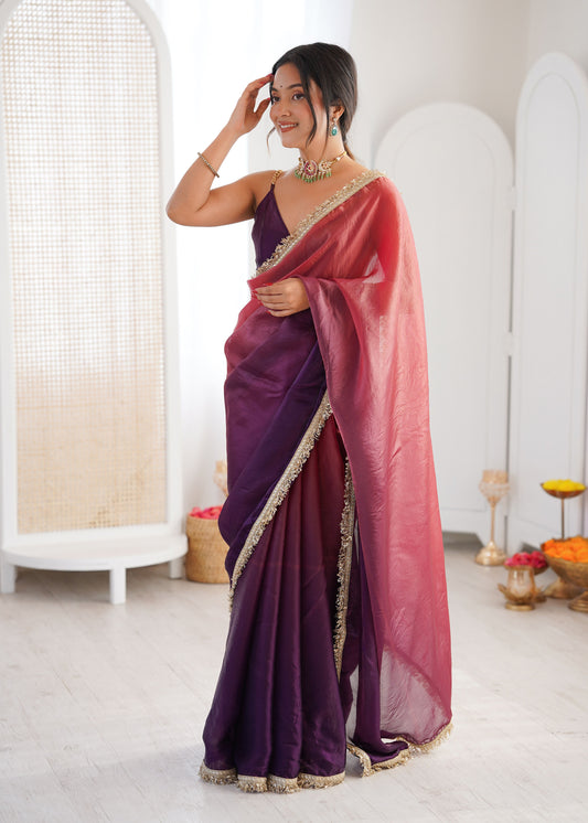 Purple Shaded Satin Lace Work Saree