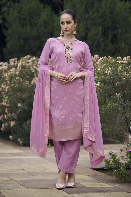 Ethnic Motifs Woven Design Zari Straight Kurta With Trousers & Dupatta