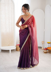 Purple Shaded Satin Lace Work Saree
