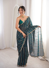 Teal Green Fendi Satin Sequence Embroidery Saree