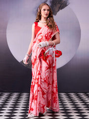 Orange Digital Print Satin Silk Saree