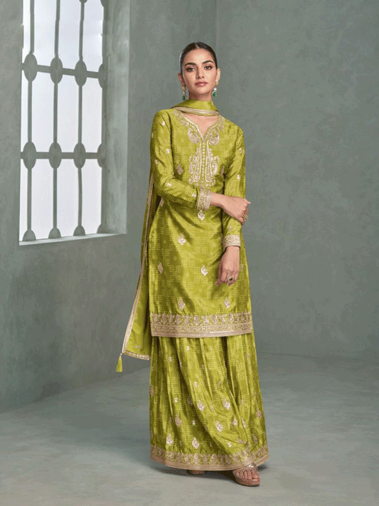 Green Chinon Silk Print Zari Embroidered Sequins Palazzo Suit Festive Wear