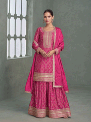 Pink Chinon Silk Bandhini Printed Zari Embroidered Sequins Palazzo Suit Festive Wear