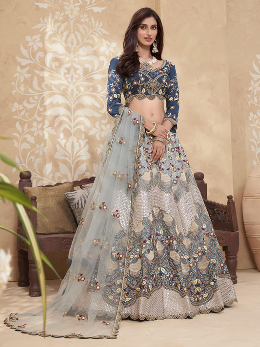 Teal Blue Heavy Embroidered Designer Silk Lehenga Choli