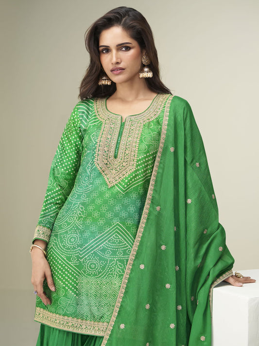 Green Embroidery Printed Gharara Suit