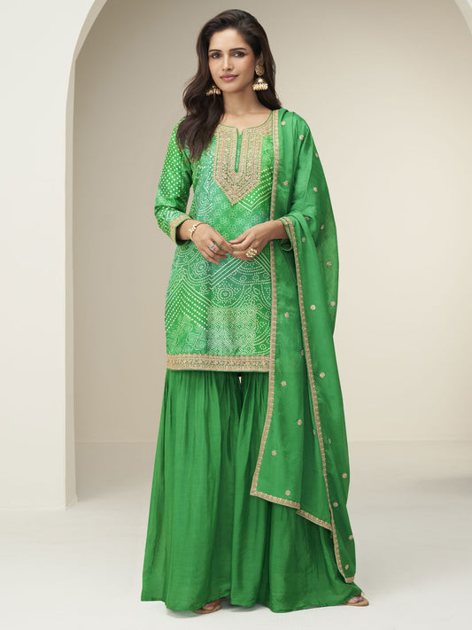 Green Embroidery Printed Gharara Suit
