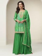 Green Embroidery Printed Gharara Suit