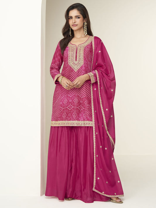 Rani Pink Embroidery Printed Gharara Suit