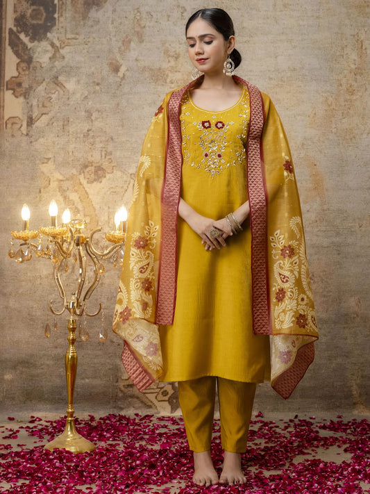 Women Yellow Kurta and Pant Sets Simar Silk fabric