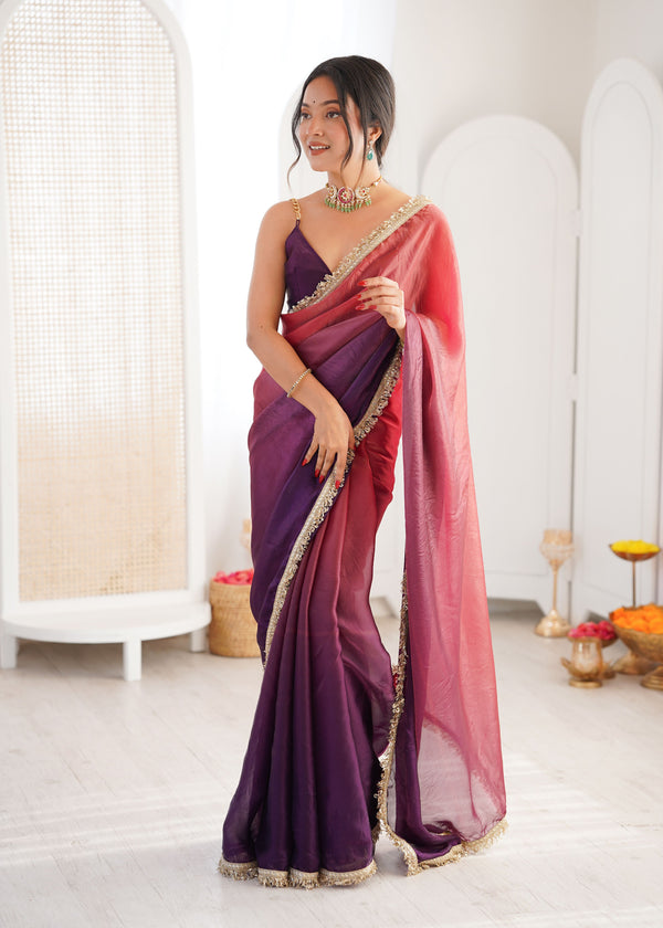 Purple Shaded Satin Lace Work Saree